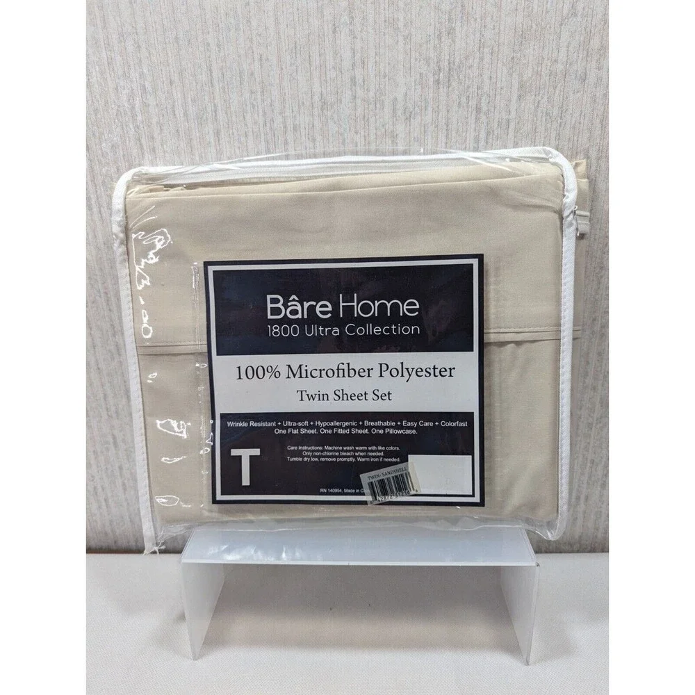 Bare Home Microfiber Polyester Twin Sheet Set Sandshell Flat Fitted Pillowcase